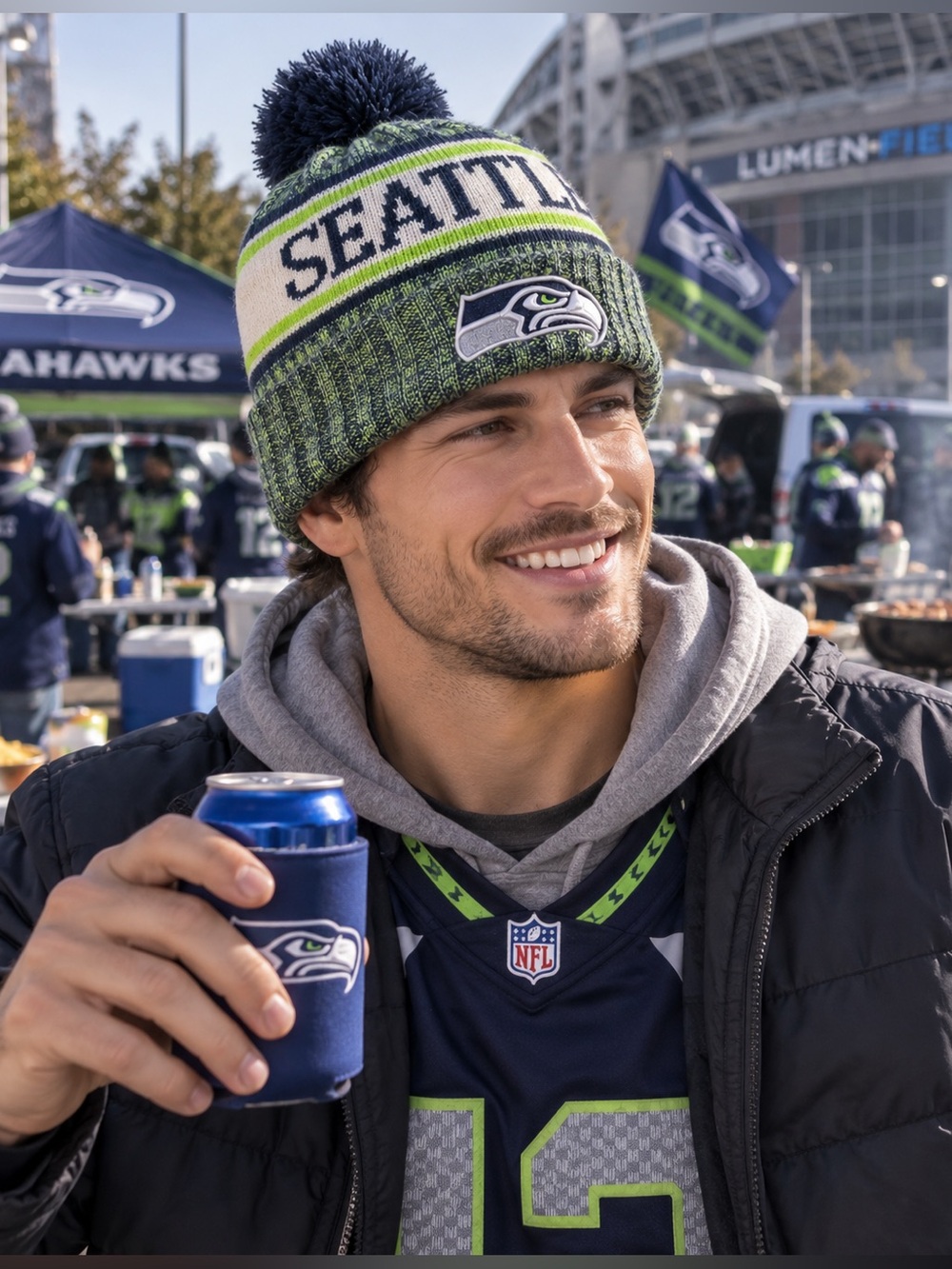 NFL Seattle OS Pom Beanie - Navy and Neon Green